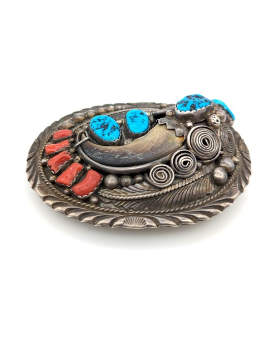 Navajo Percy Spencer Sterling SIlver Turquoise Coral & Bear Claw Buckle